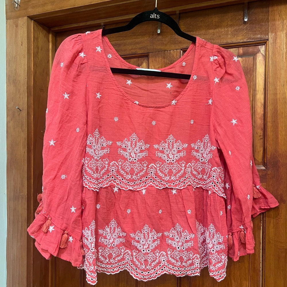 American Eagle Outfitters Pink Ruffled 3/4 Sleeve Blouse